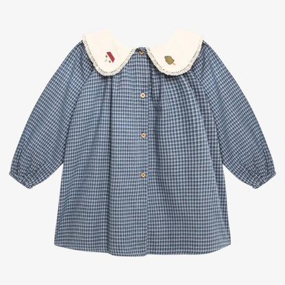 Gingham Embroidered Dress - Indigo