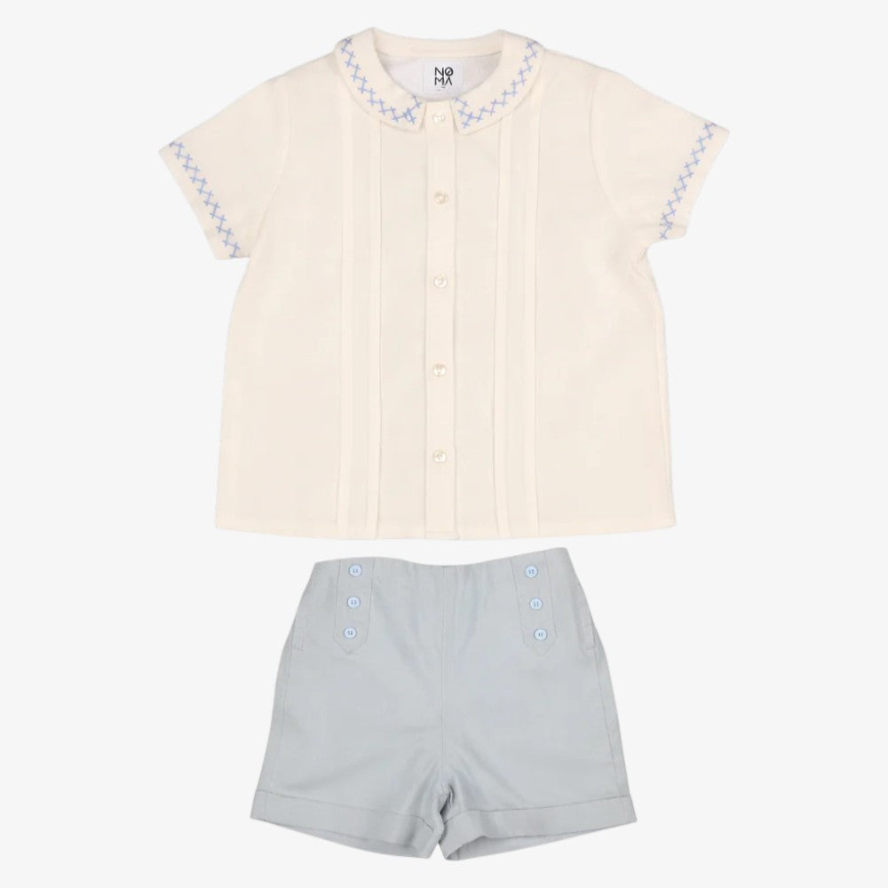 Embroidered Shirt And Shorts - White &amp; Blue