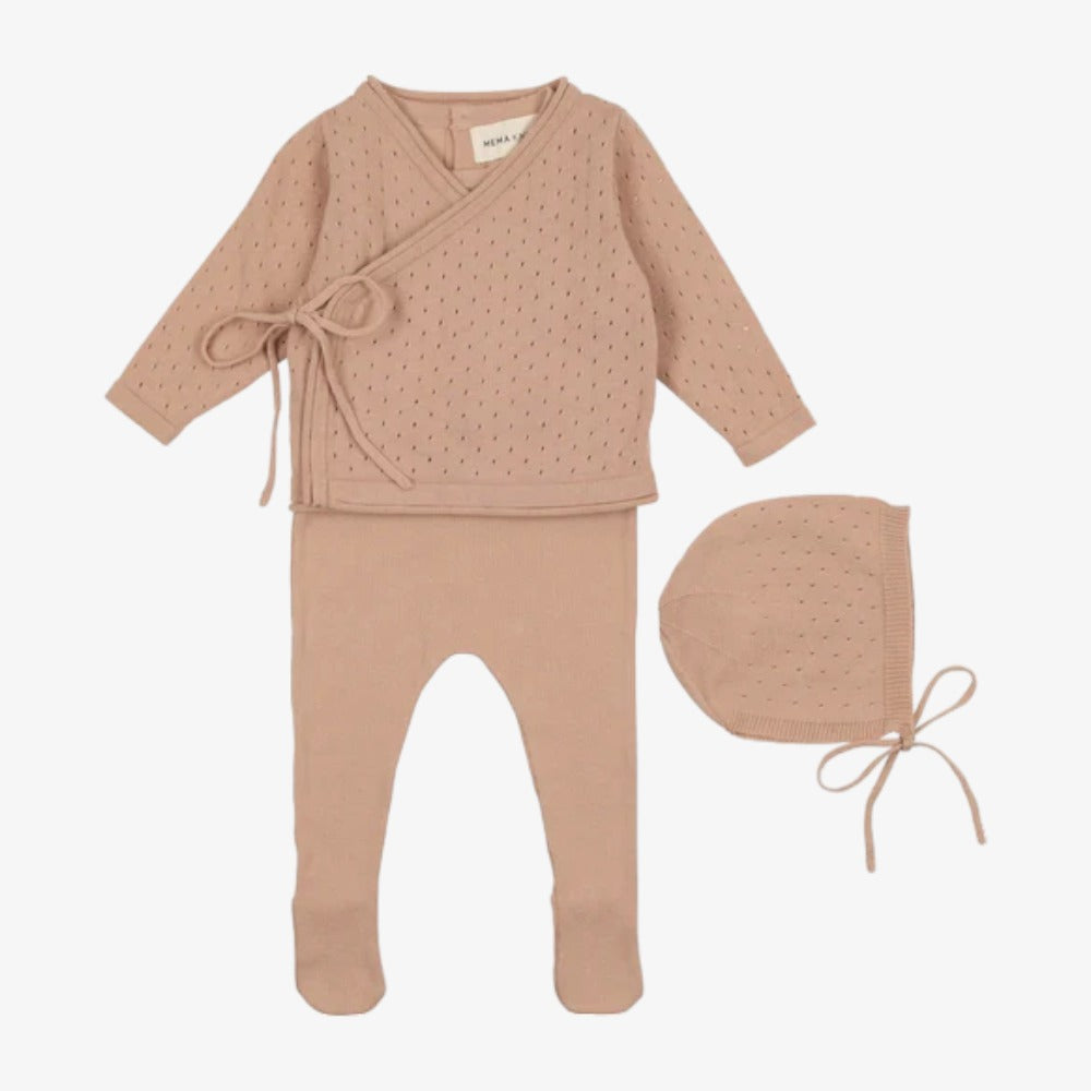 Knit Footie With Cropped Cardigan And Bonnet - Pink