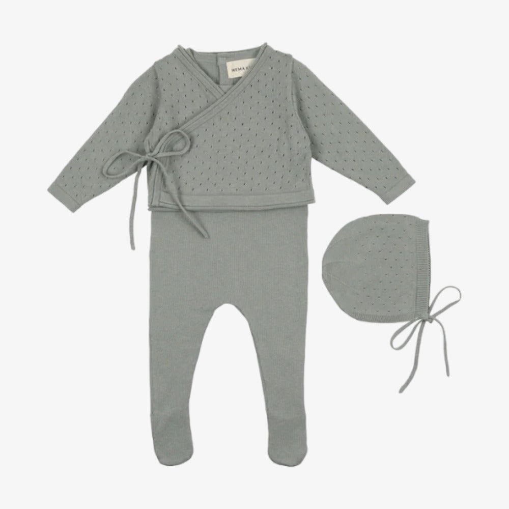 Knit Footie With Cropped Cardigan And Bonnet - Powder Blue