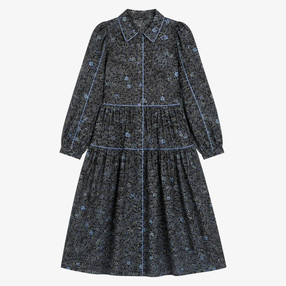 Floral Dress With Piping - Navy