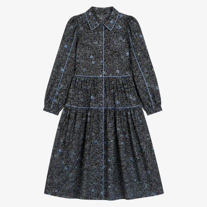 Floral Dress With Piping - Navy