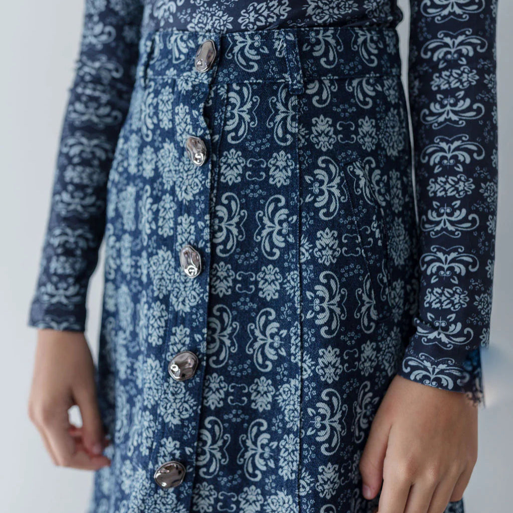 Button Denim Skirt - Lily Flower