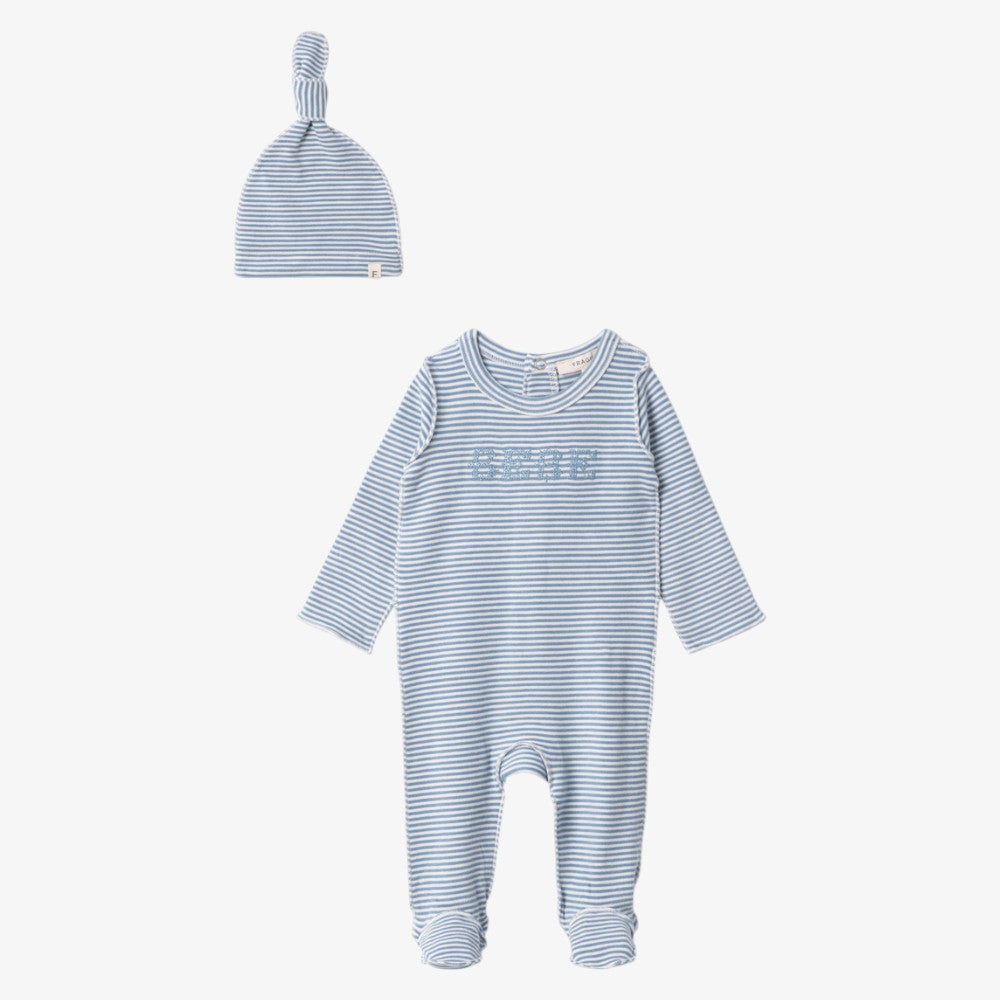 Striped Footie And Hat - Blue