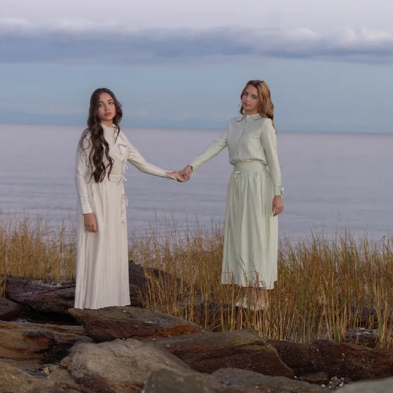 Stripe Bow Shirt And Skirt - Beige