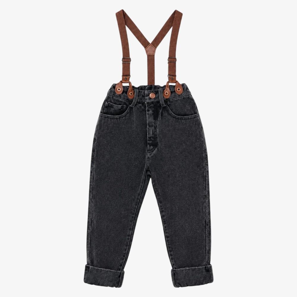 Denim Pants With Suspenders - Black