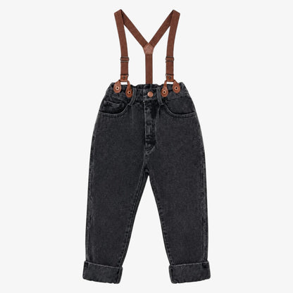 Denim Pants With Suspenders - Black
