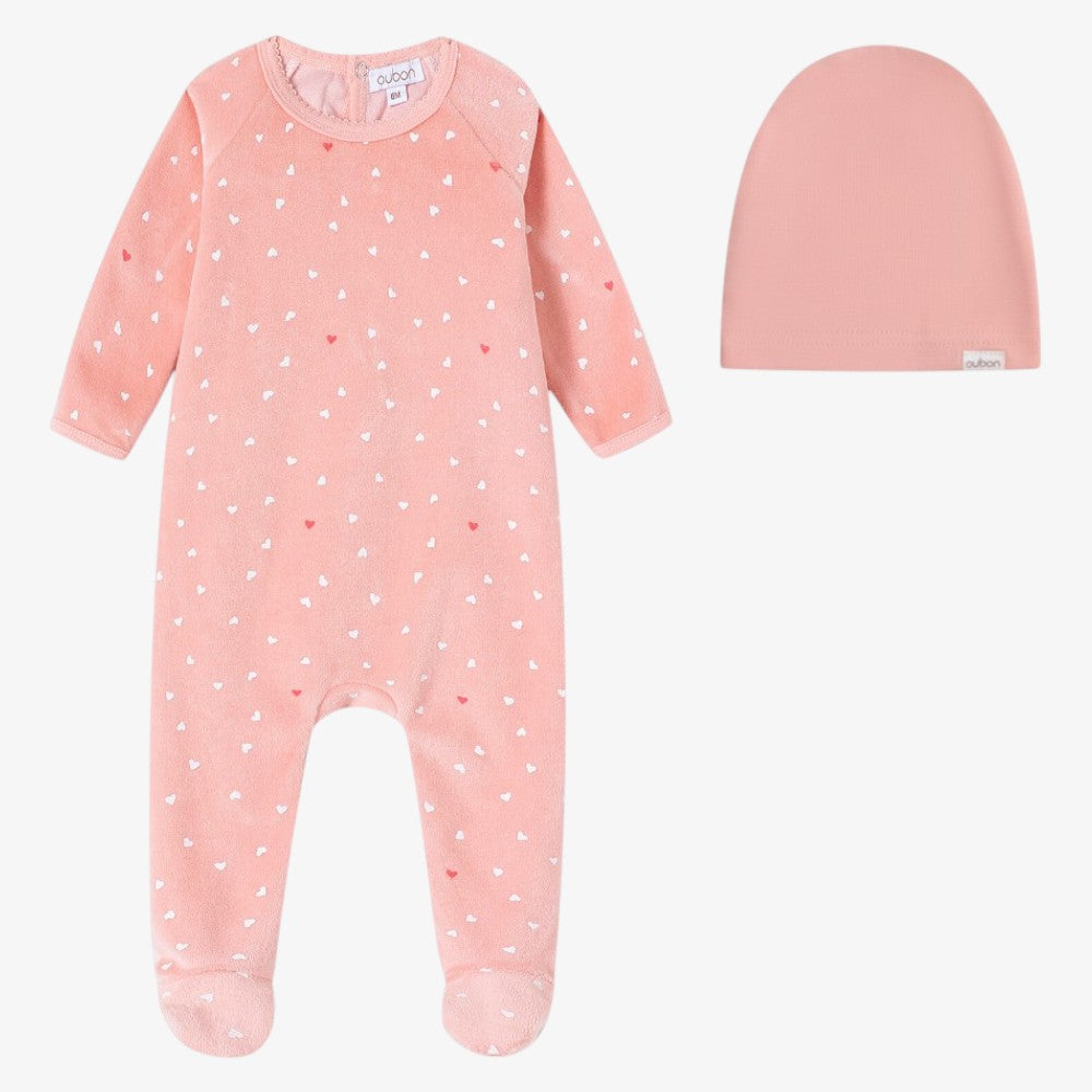 Print Footie And Hat - Pink Heart