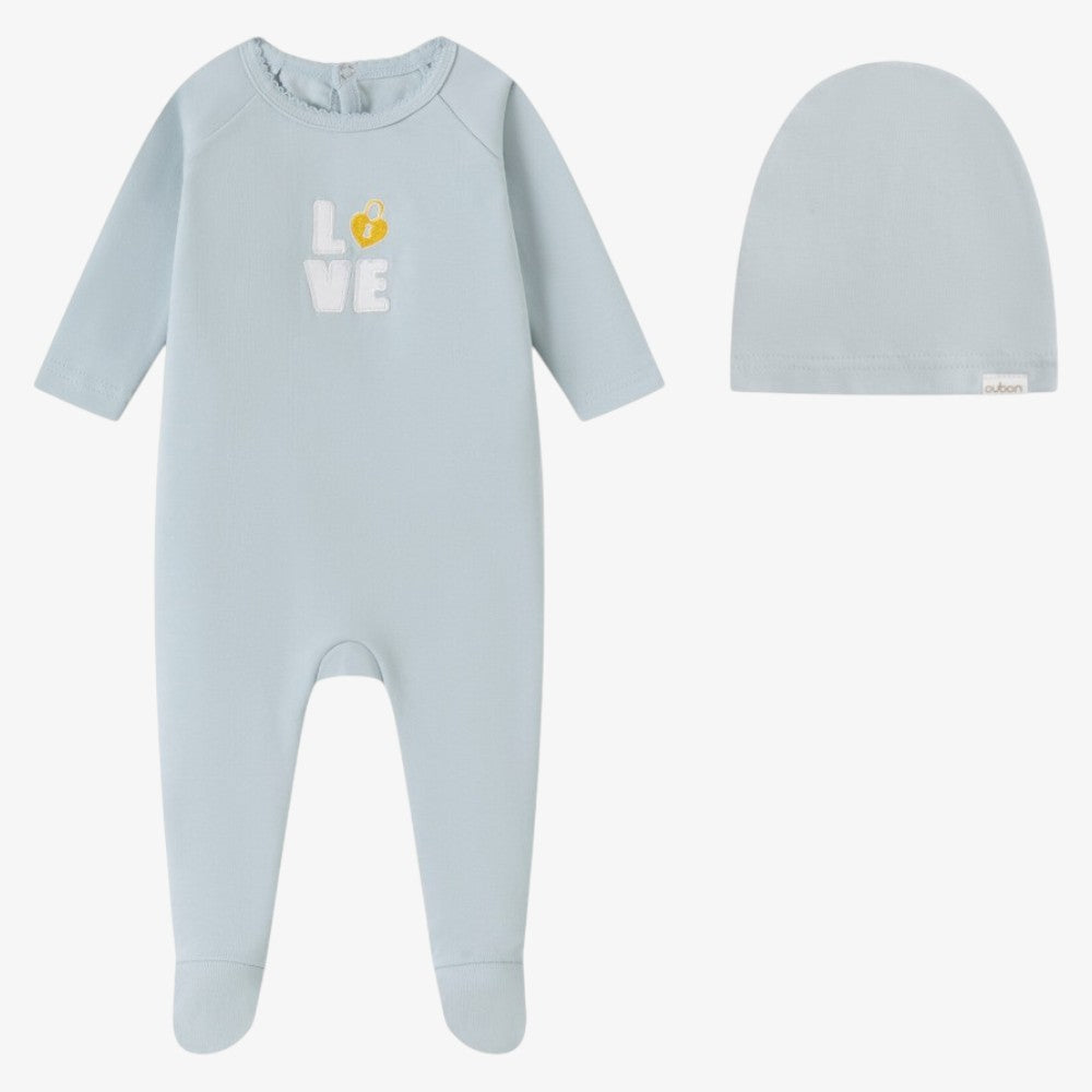 Love Patchwork Footie And Hat - Blue