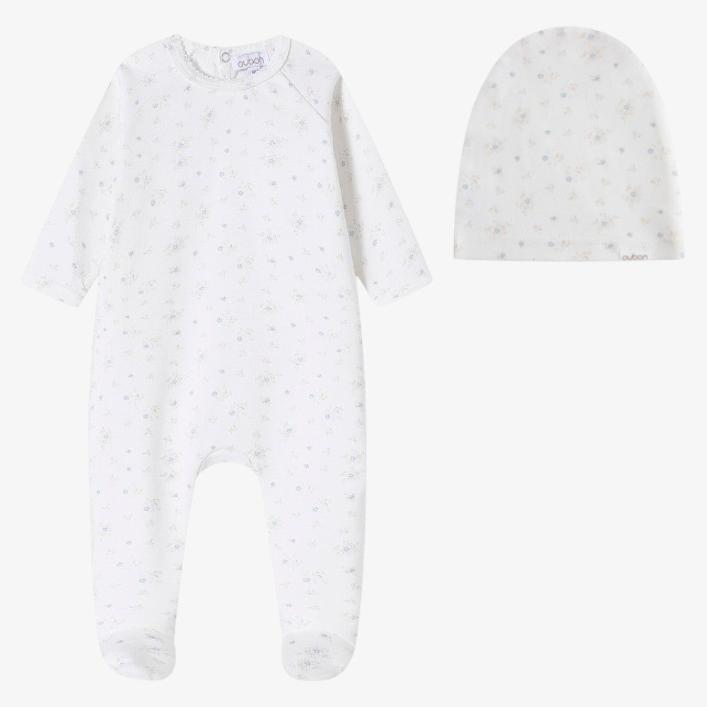 Floral Cluster Footie And Hat - Blue