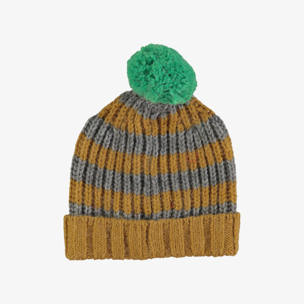 Knit Pompom Hat - Camel-grey