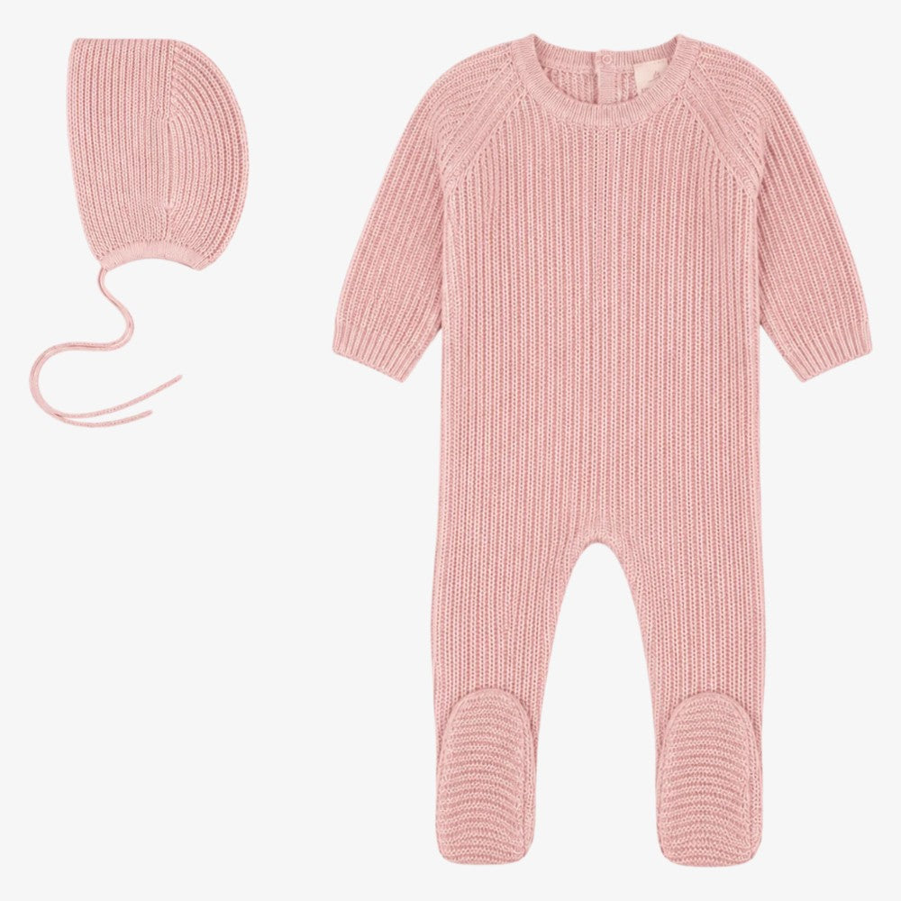 Rib Knit Footie And Bonnet - Rose