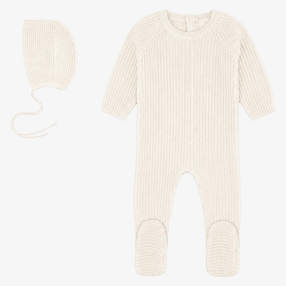 Rib Knit Footie And Bonnet - Cream