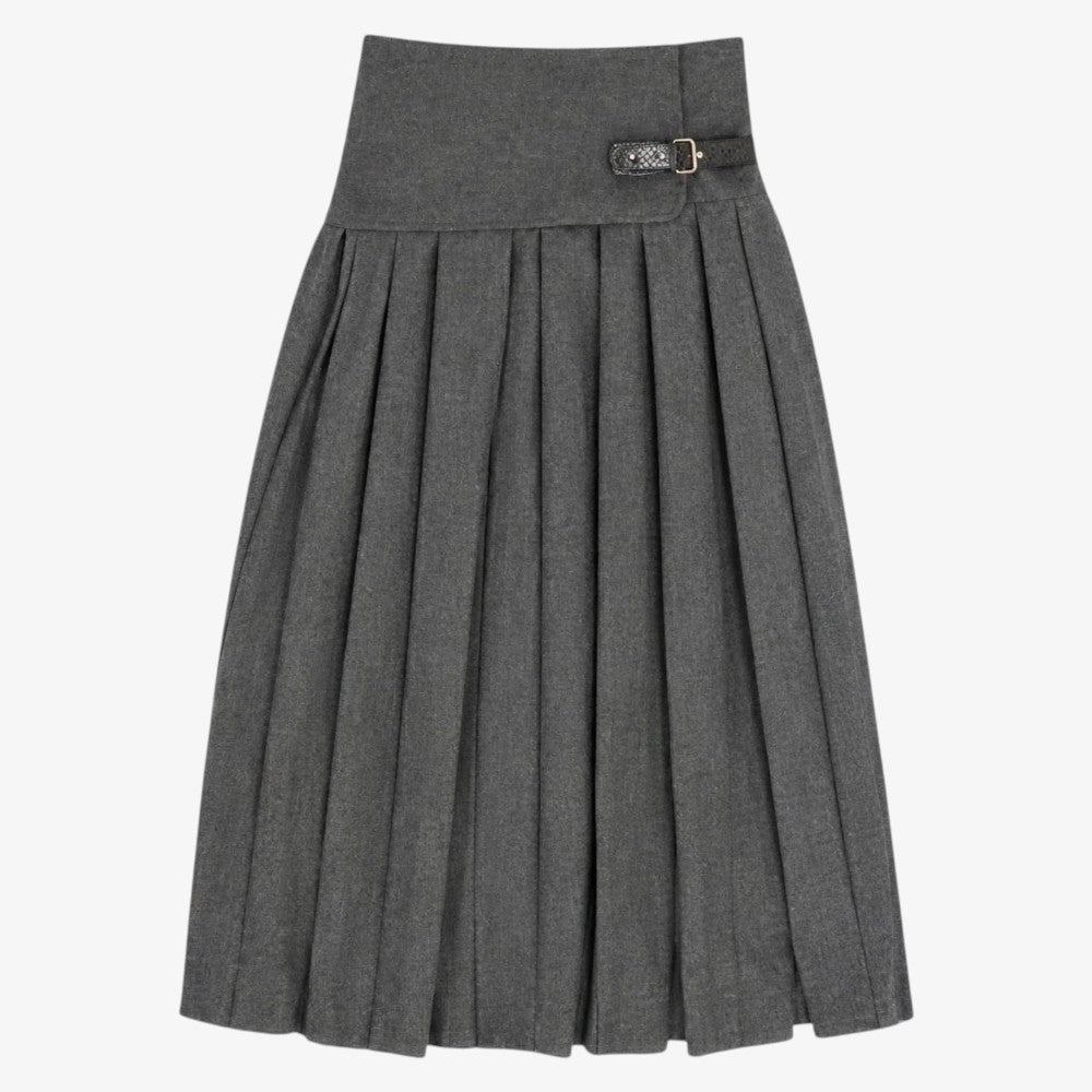 Buckle Wrap Pleated Skirt - Charcoal