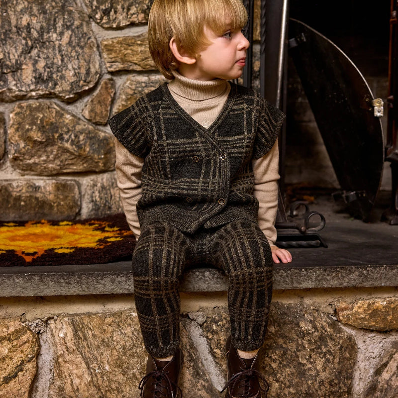 Plaid Knit Vest And Pants Set - Olive