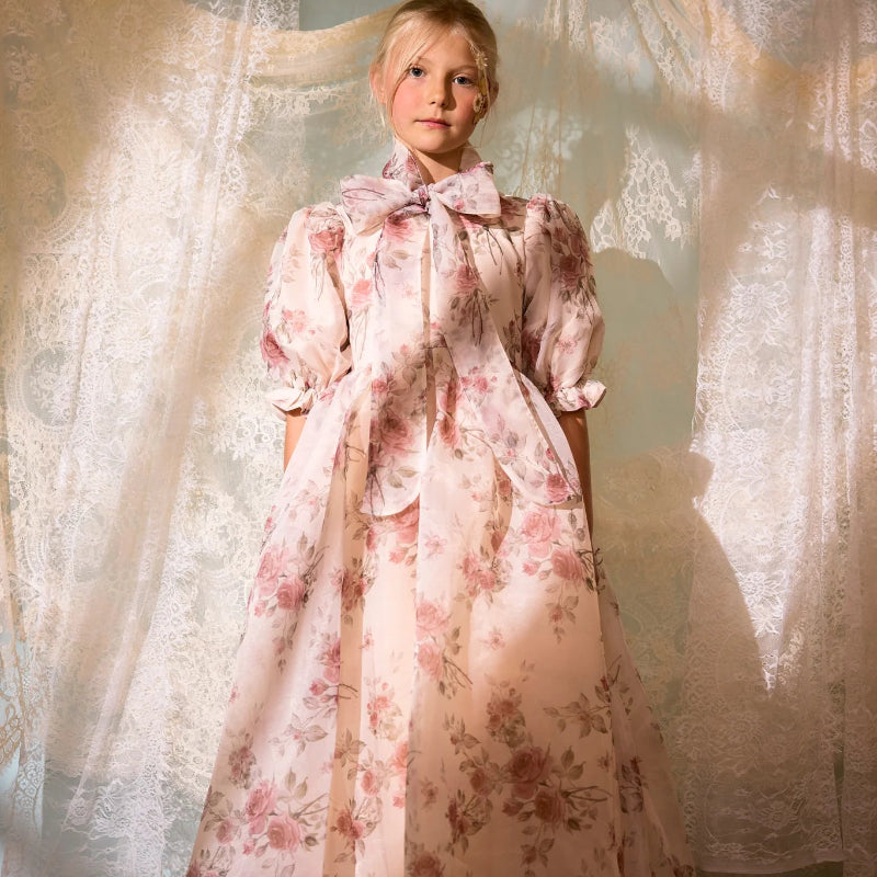 Floral Organza Neck Tie Gown - Pink