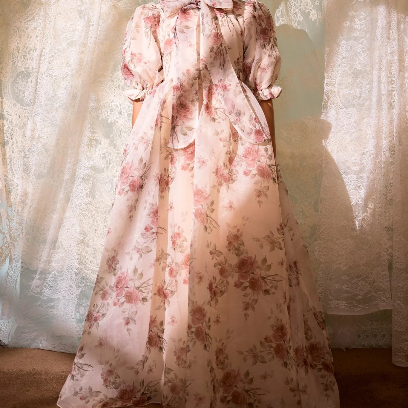 Floral Organza Neck Tie Gown - Pink