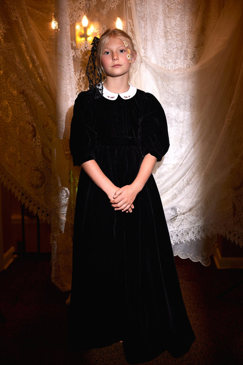 Velvet Embroidered Collar Gown - Black
