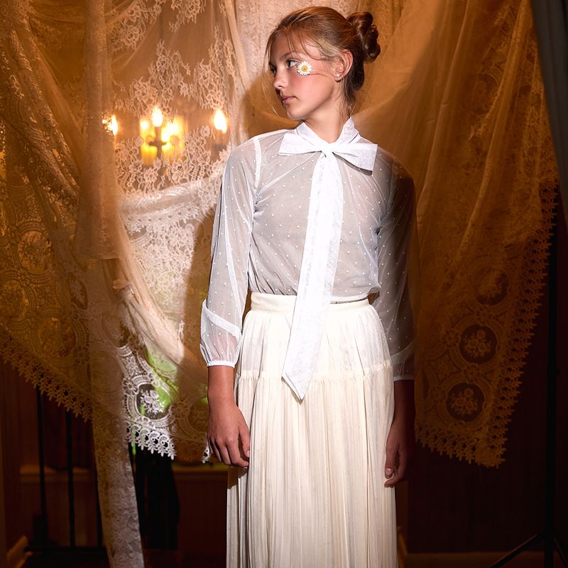 Swiss Dot Tie Blouse - White