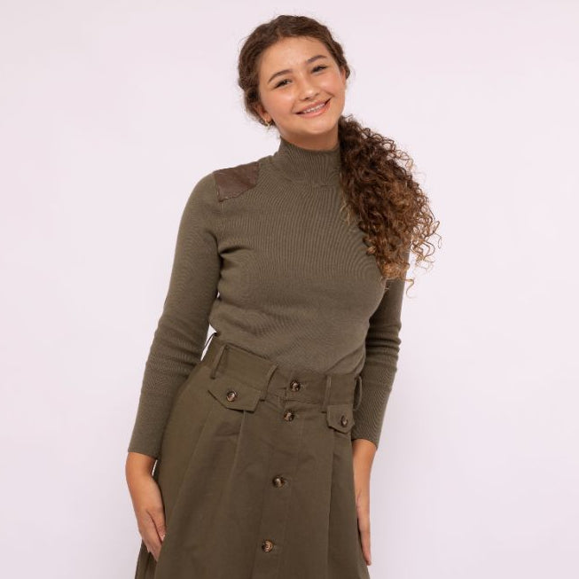 Leather Patch Sweater - Olive
