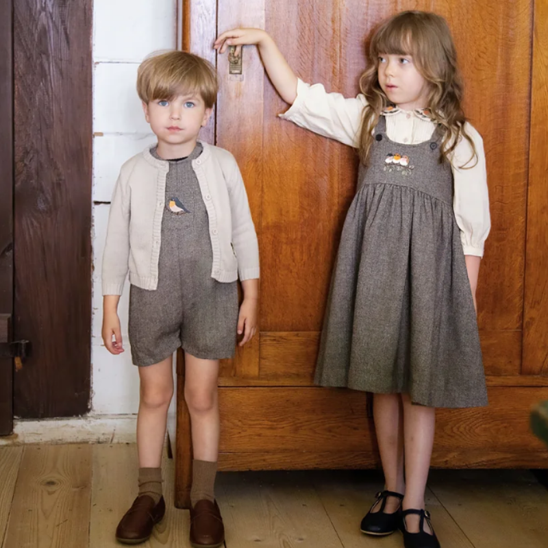 Herringbone Romper With Bird - Brown