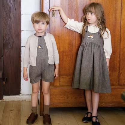 Herringbone Romper With Bird - Brown