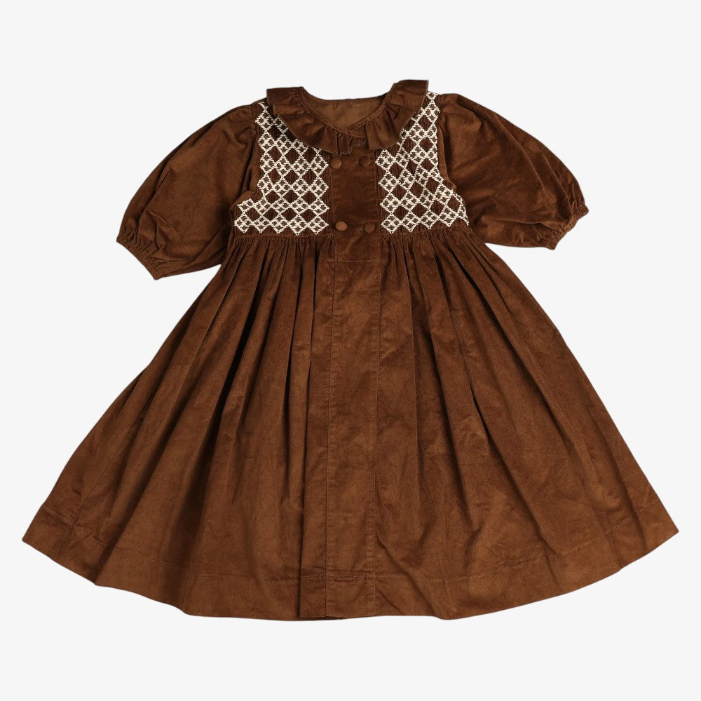 Smocked Cord Dress - Brown