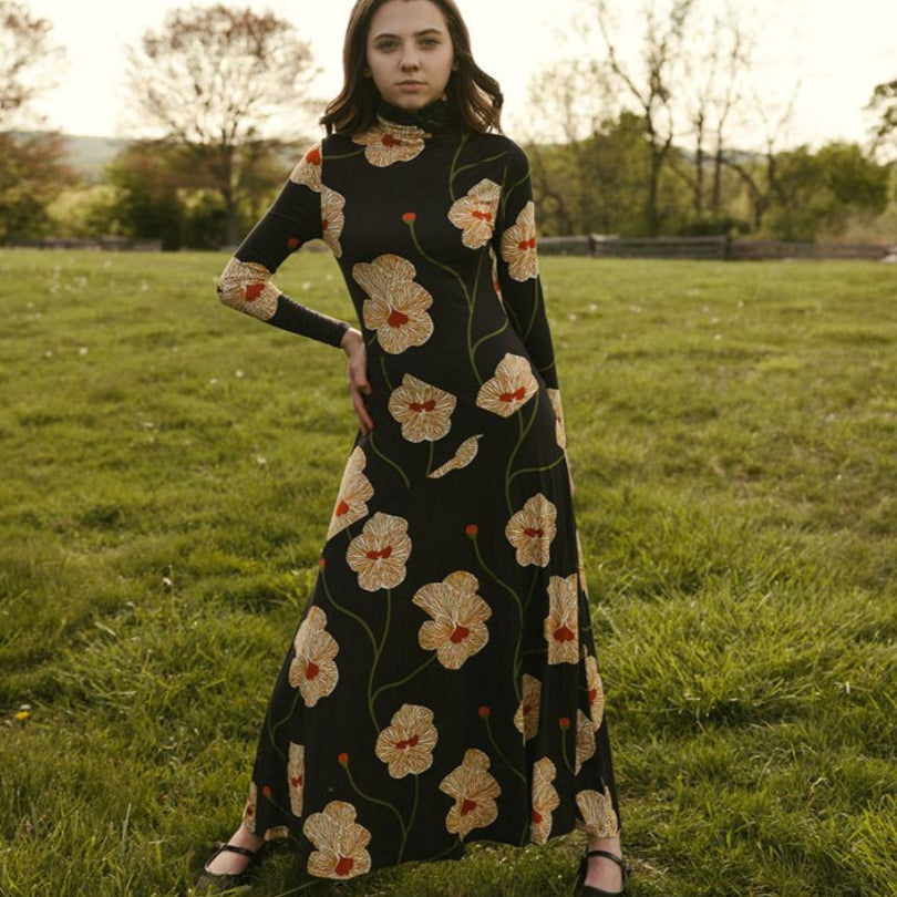 Flower Turtleneck Dress - Black
