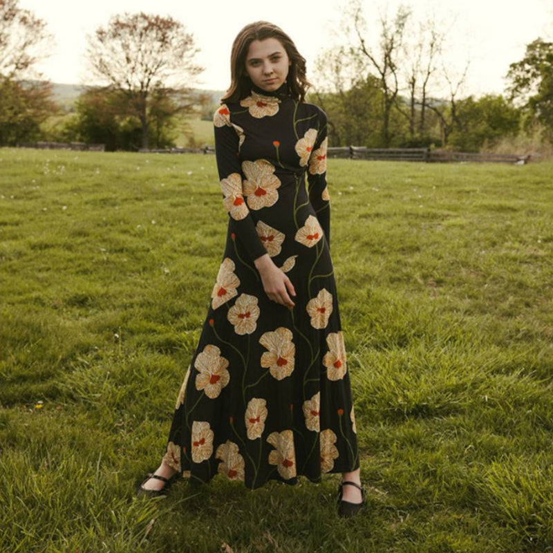 Flower Turtleneck Dress - Black