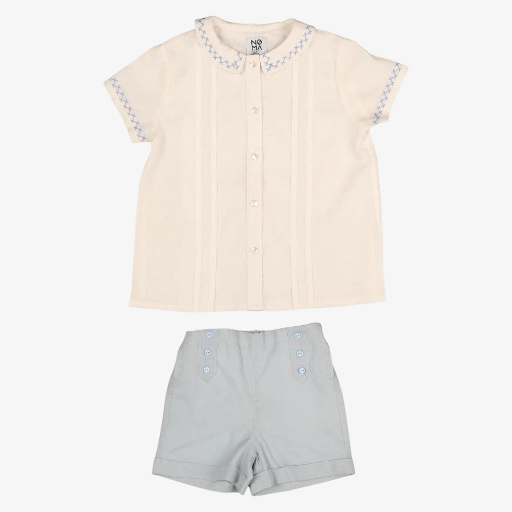 Embroidered Shirt And Shorts - White &amp; Blue