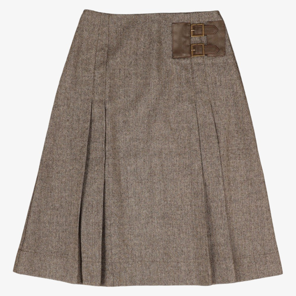 Pleated Leather Buckle Skirt - Brown
