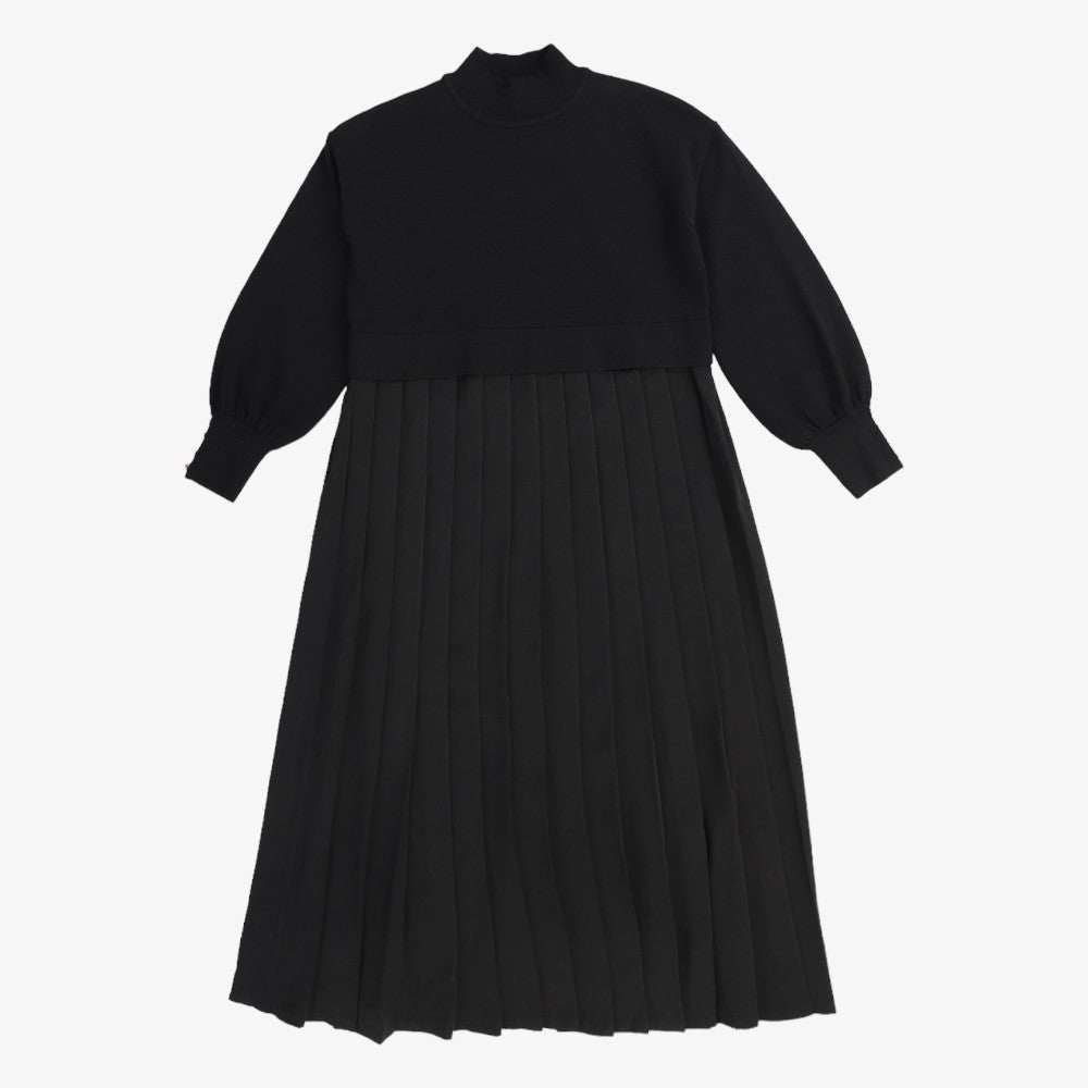 Pleated Bottom Knit Top Dress - Black