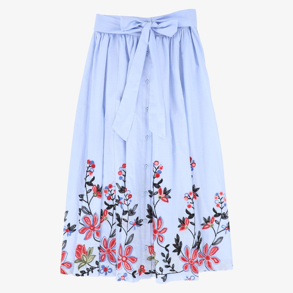Linen Embroidered Flower Hem Skirt - Blue