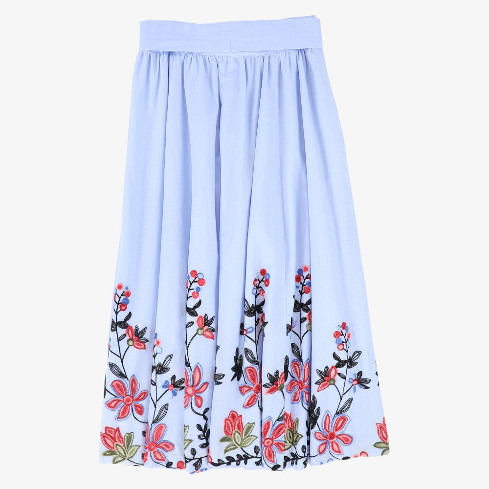 Linen Embroidered Flower Hem Skirt - Blue