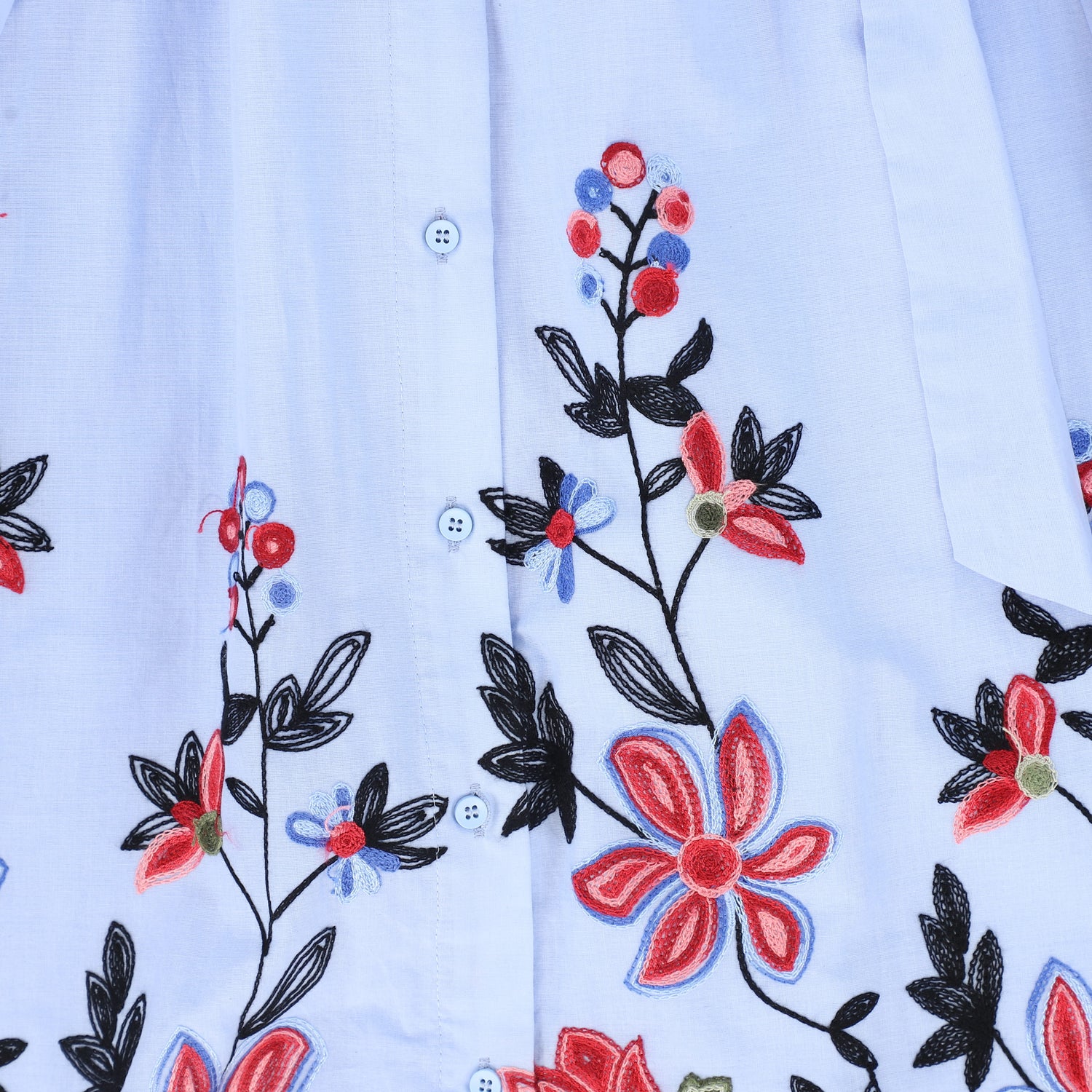 Linen Embroidered Flower Hem Skirt - Blue