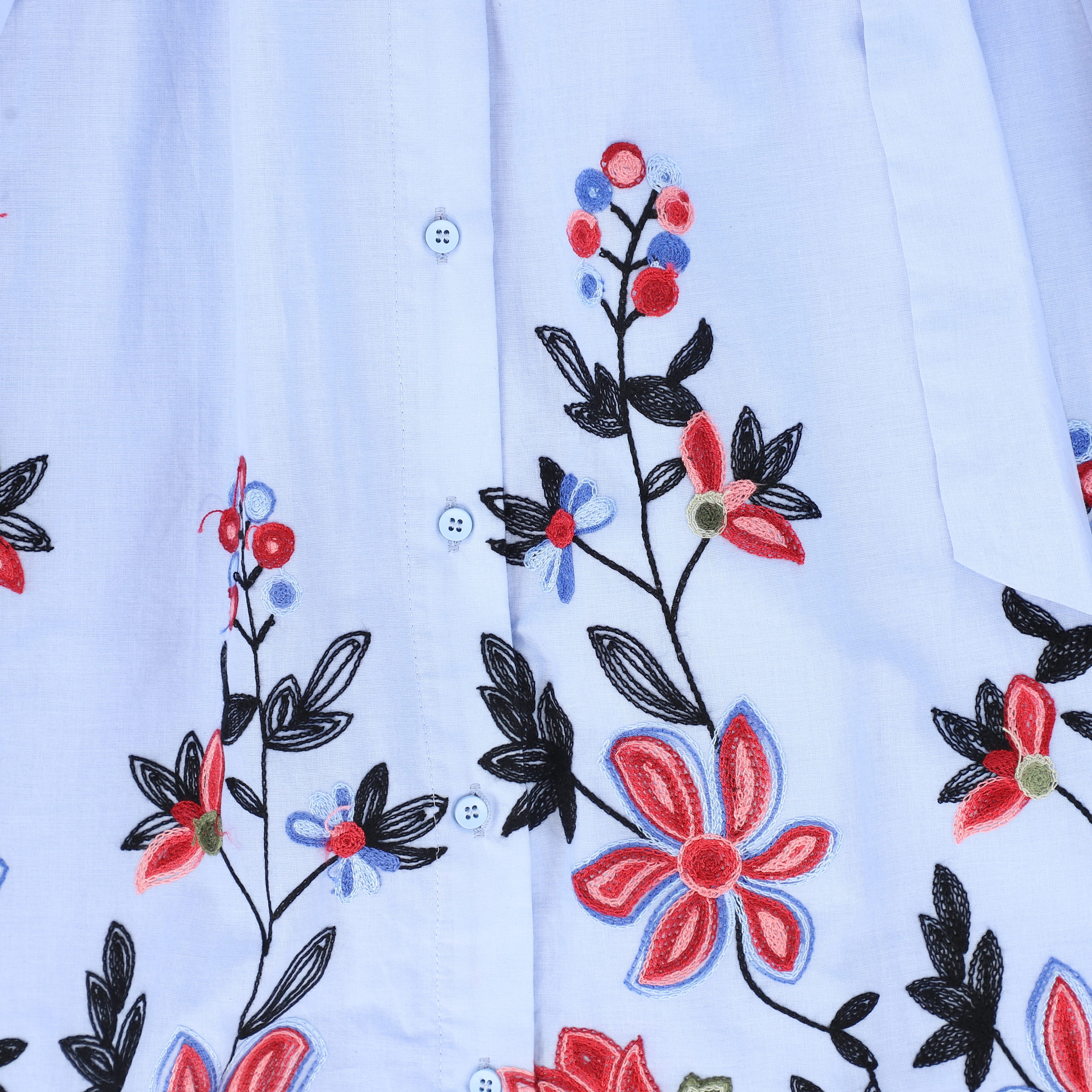 Linen Embroidered Flower Hem Skirt - Blue