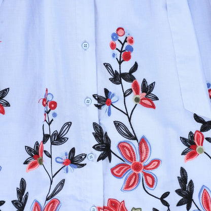Linen Embroidered Flower Hem Skirt - Blue