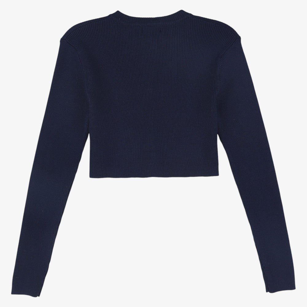 Ribbed Knit Embroidered Cardigan - Navy