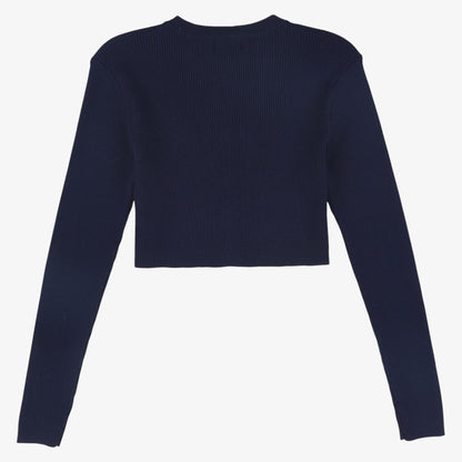 Ribbed Knit Embroidered Cardigan - Navy