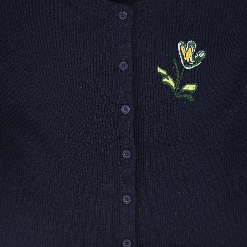 Ribbed Knit Embroidered Cardigan - Navy