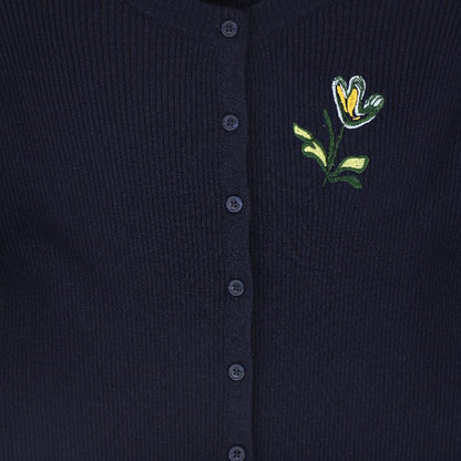 Ribbed Knit Embroidered Cardigan - Navy