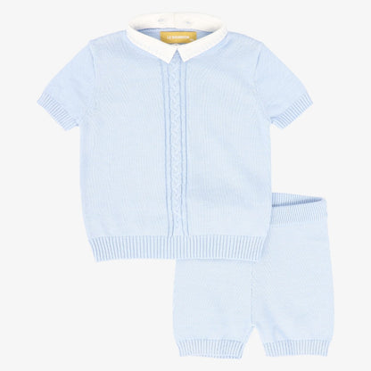 Cable Stripe Collar Sweater Set - Blue