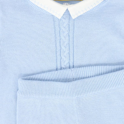 Cable Stripe Collar Sweater Set - Blue
