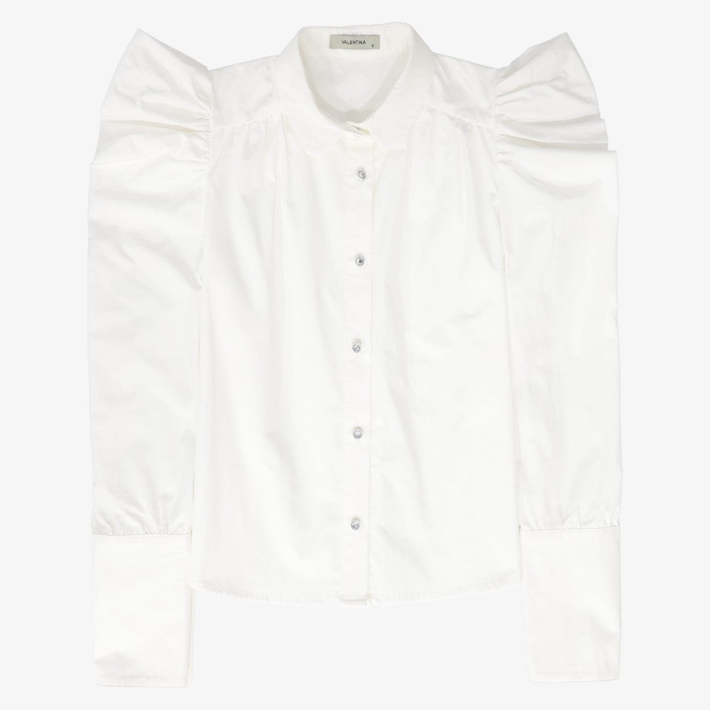 Diamond Button Puff Shoulder Blouse - White