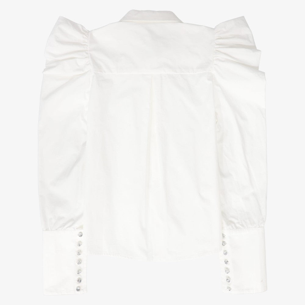 Diamond Button Puff Shoulder Blouse - White