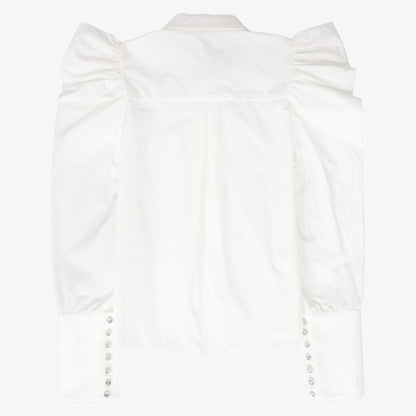 Diamond Button Puff Shoulder Blouse - White