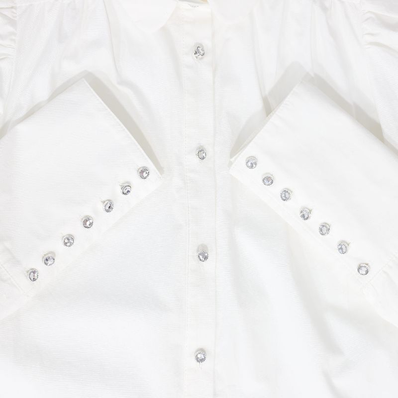 Diamond Button Puff Shoulder Blouse - White