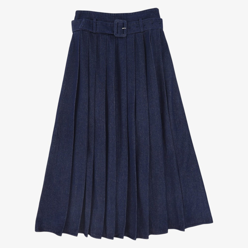 Buckle Pleated Maxi Skirt - Blue Denim