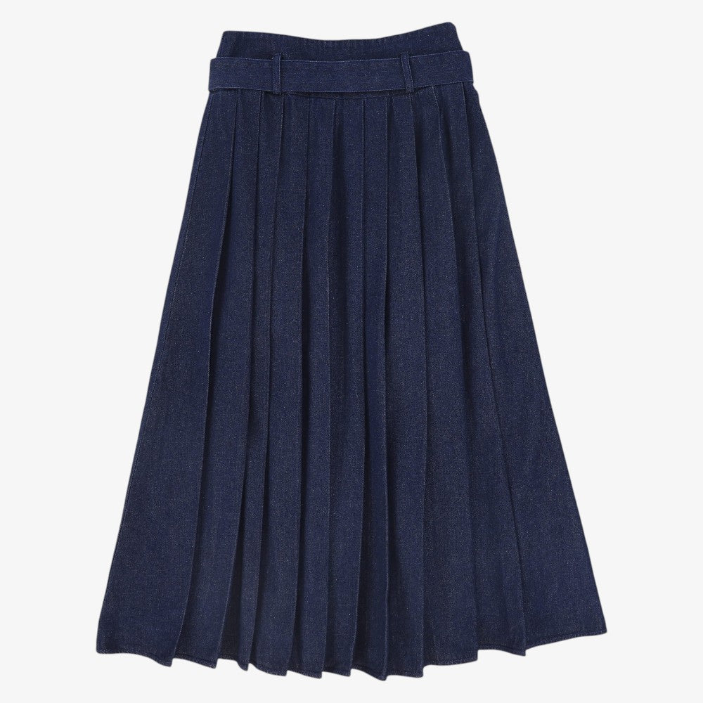 Buckle Pleated Maxi Skirt - Blue Denim