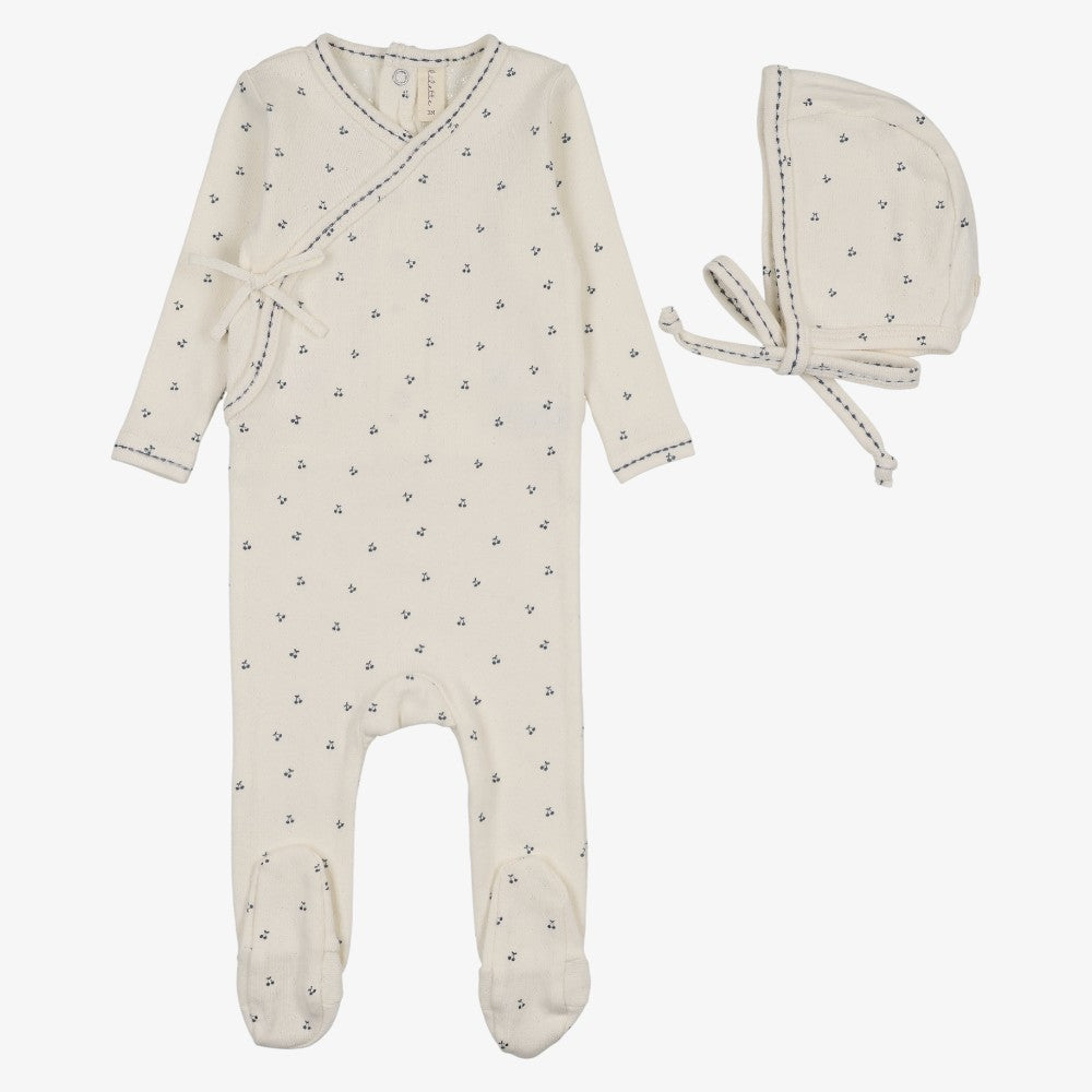 Cherry Scallop Footie And Hat - Cream &amp; Blue